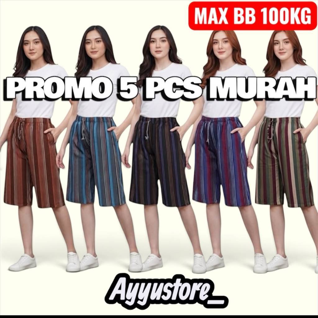 100 Ribu Dapat 5 Pcs - Kulot Pendek Wanita 7/8 - Super Jumbo - Motif Salur - Crepe - Bb 120 Kg - Big
