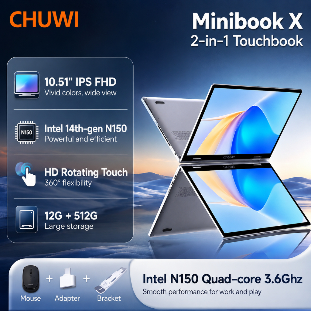 CHUWI MiniBook X Laptop Tablet 2 In 1 Intel N150 10.51" FHD IPS Screen 12GB / 12GB RAM LPDDR5 512G S