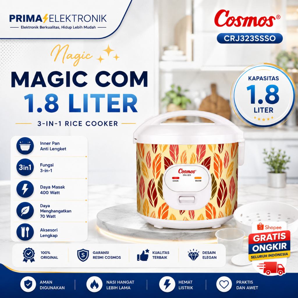 COSMOS RICE COOKER 1.8L CRJ 323sSSO Low Watt/CRJ323sSSO/CRJ323s SSO/CRJ-323sSSO/ORIGINAL GARANSI