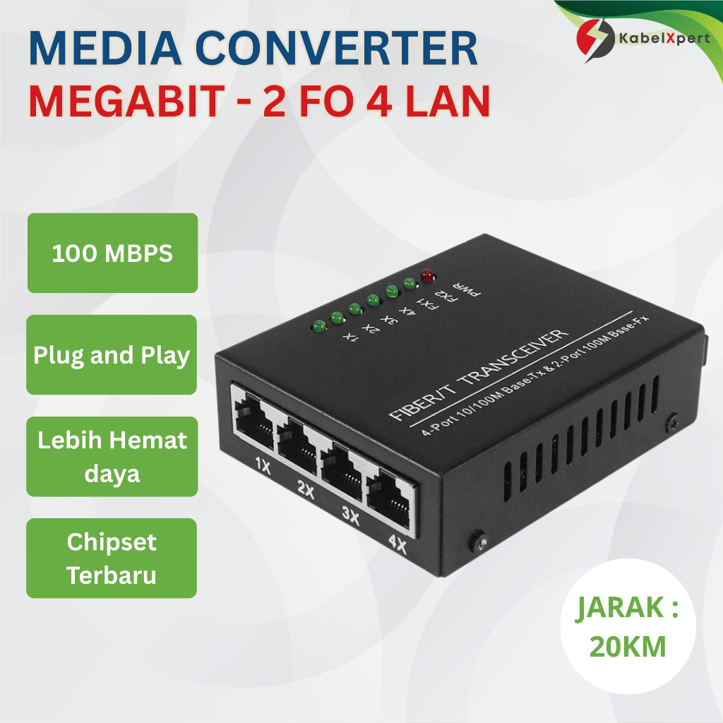 Media Converter HTB 2 FO 4 LAN 100Mbps 20KM Fiber Optik 10/100M SC