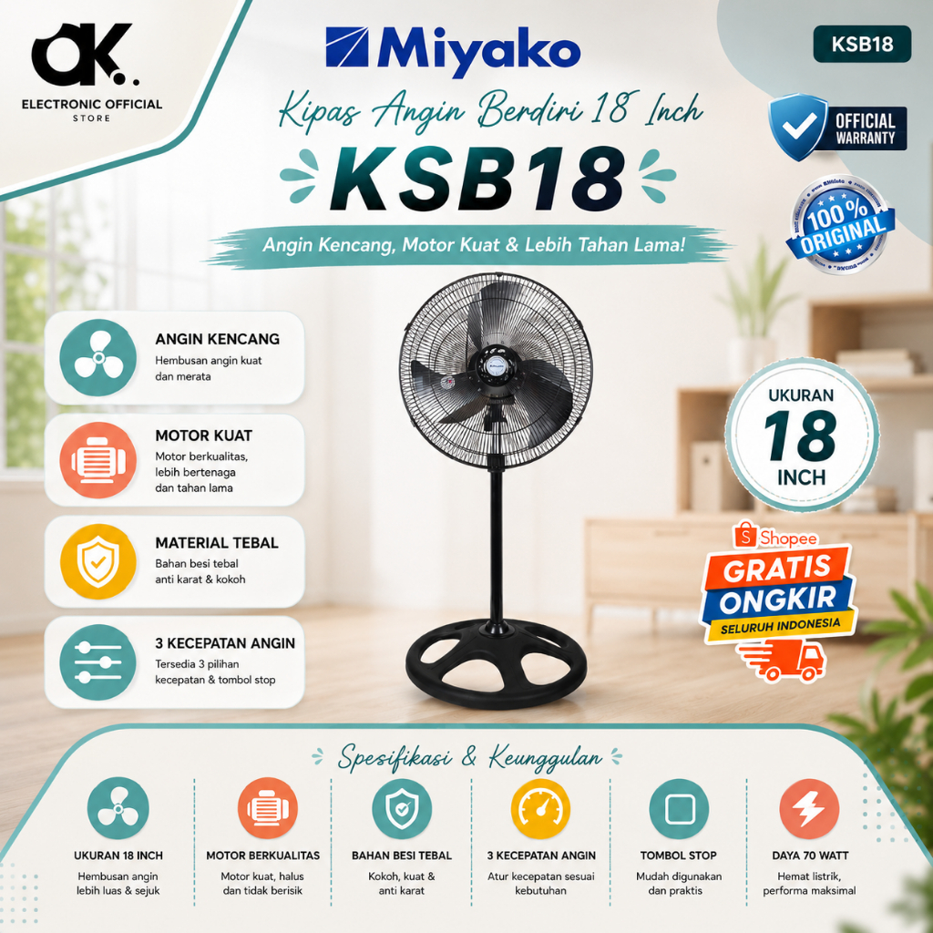 Miyako Kipas Angin Berdiri/Stand Fan KSB-18/KSB18/KSB18/KSB 18/KSB-18/KSB 18/Miyako ORIGINAL GARANSI