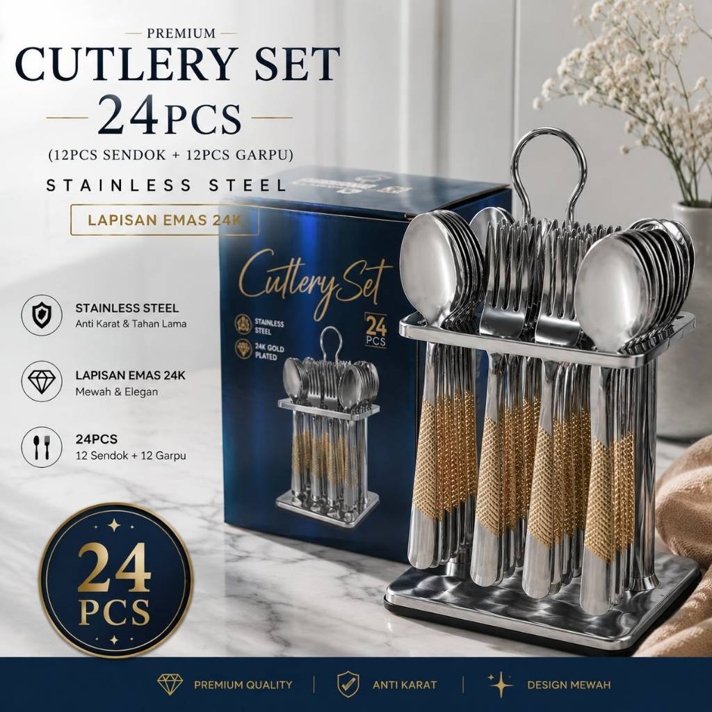 Bakindo Sendok Sultan Lapis 24k Gold Sendok Hampers Sendok Set Rak Sendok Set Rak 24pcs Cutlery Set 