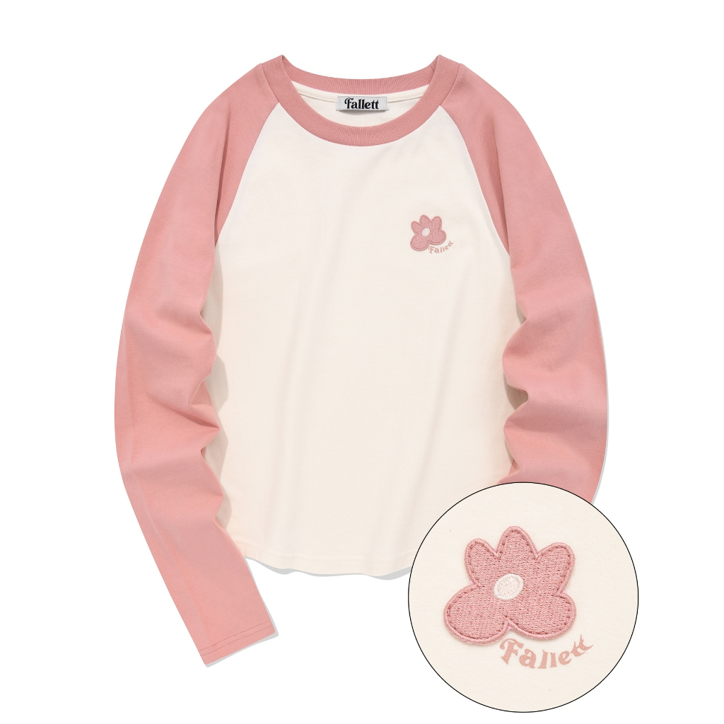 [FALLETT] FLOWER LOGO RAGLAN LONG SLEEVE PINK Baju Tshirt Fashion Korea
