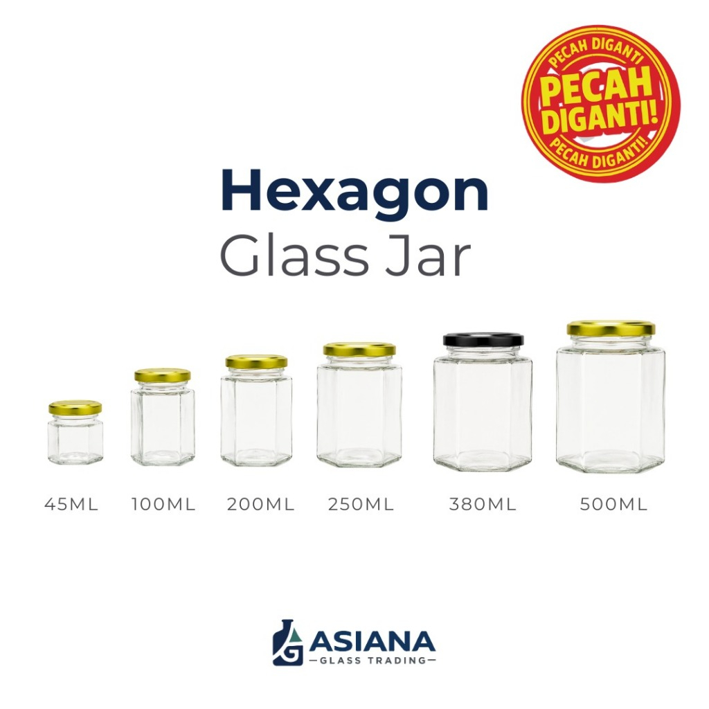 Hexagonal Glass Jar / Jar Kaca Segienam 45ml, 100m, 200ml, 250ml, 380ml, 500ml