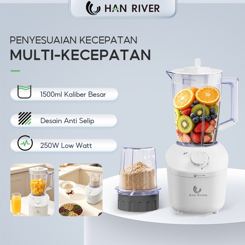 HAN RIVER Blender Multifungsi 250W Suara Lembut 2-IN-1 Blender Terbaik Pembuat Jus double cup 1500ML