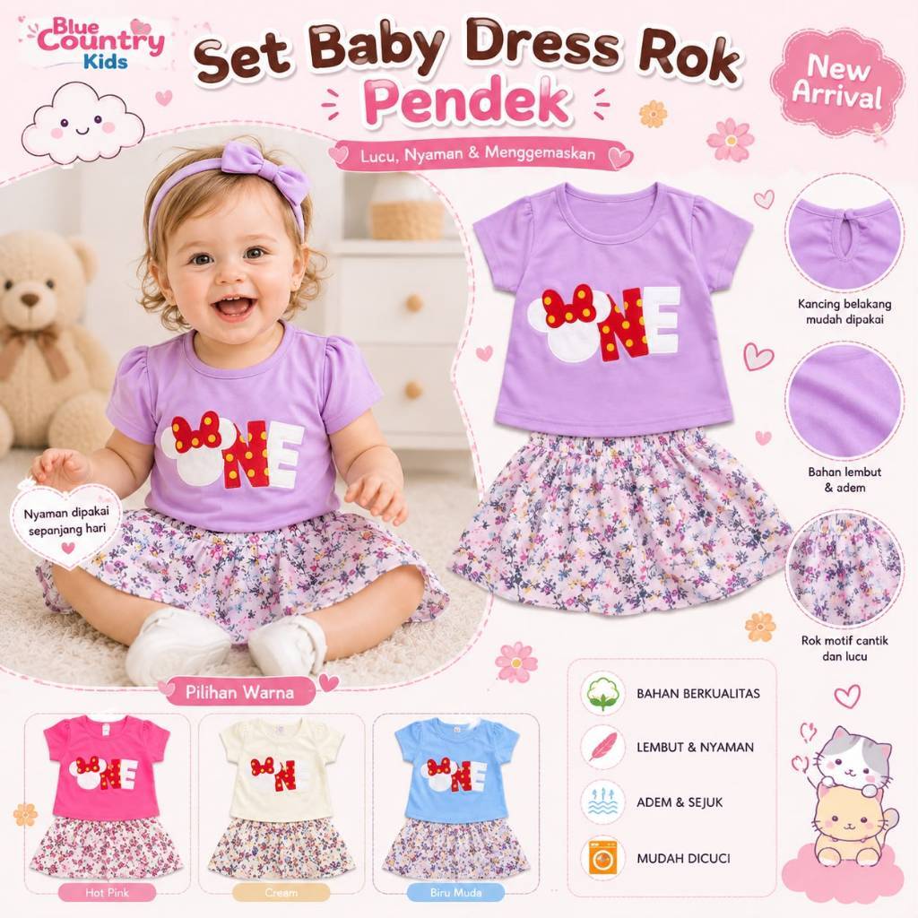 Setelan Rok Bayi Anak Perempuan Blue Country Motif Minnie Mouse Usia 6 12 Bulan