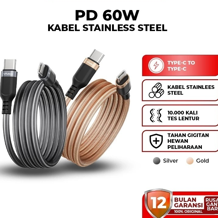 Charging Vivan VSPCC100 Kabel Data 60W Anti Kusut Kuat Dan Lentur Type-C To Tipe C Casan Original