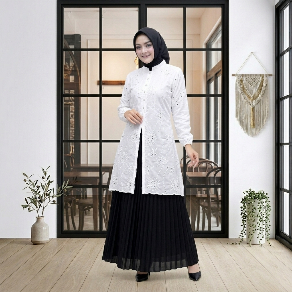 Atasan Chea Tunik Wanita Katun Bordir Cotton Bolong Premium Jumbo Putih Tunic Kondangan Elegan