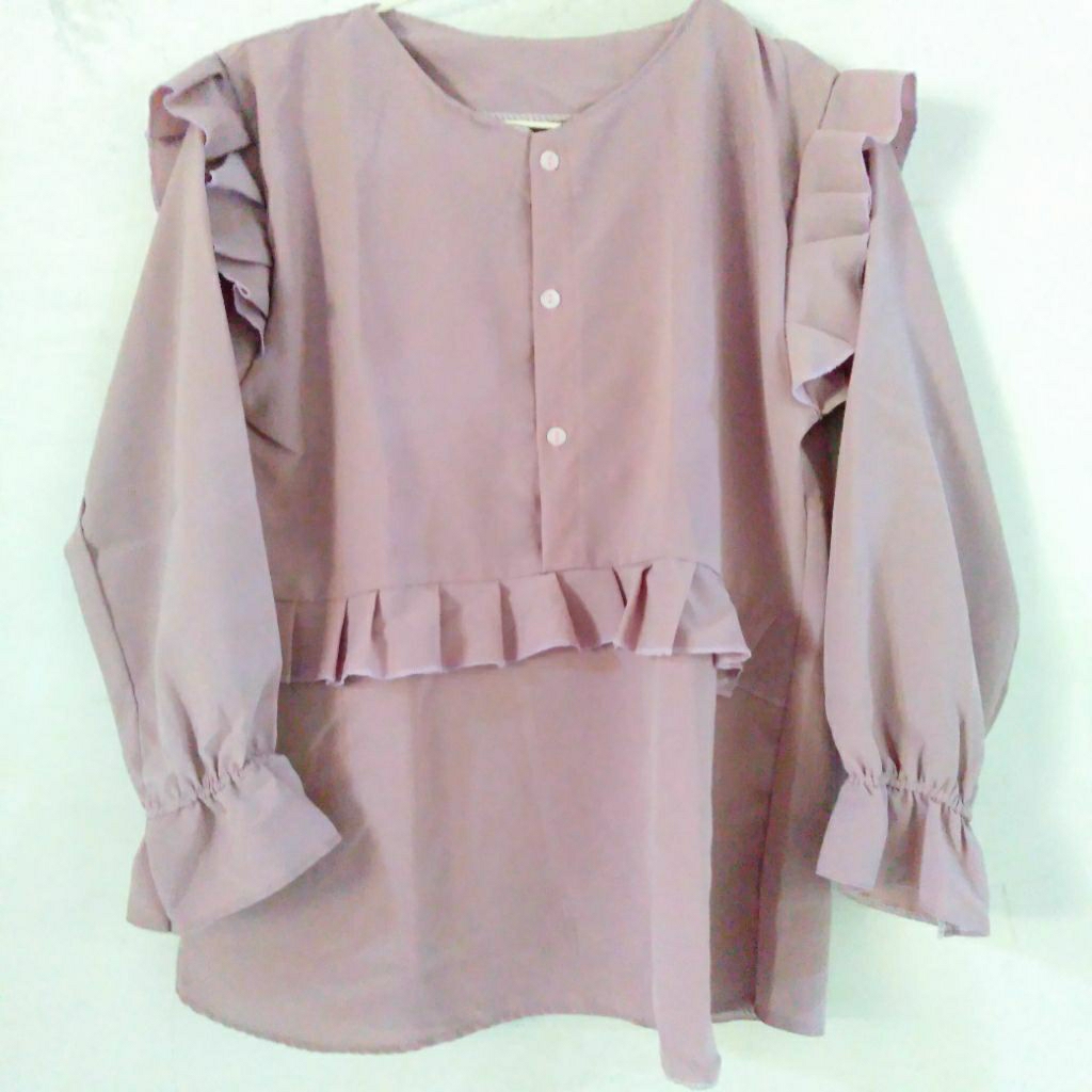 Blouse Ruffle Layer Wanita Warna Dusty Purple