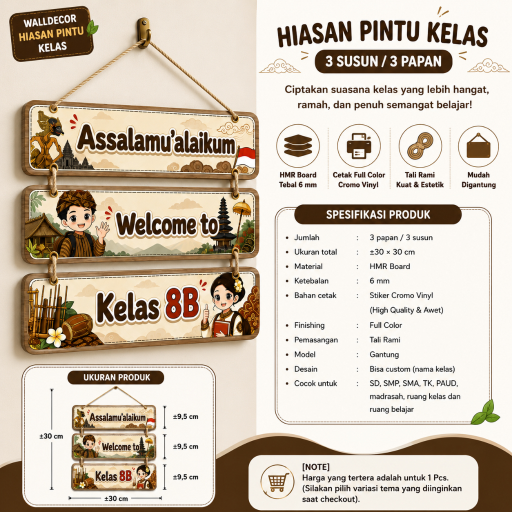 Hiasan Pintu Kelas 3 Susun Gantung Custom Nama - Pajangan Dinding Papan Plang Kelas SD SMP SMA TK PA
