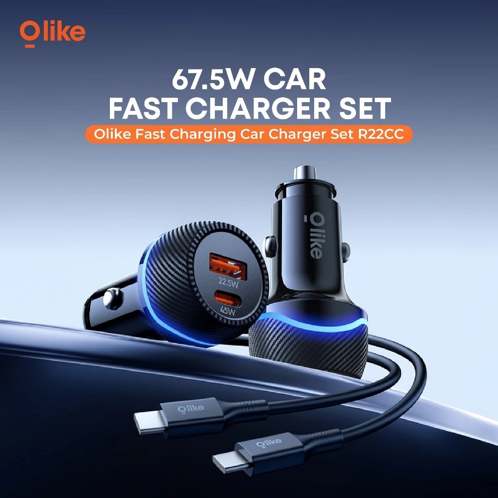 OLIKE R22CC Charger Mobil PD 45W USB 22.5W Car Charger Fast Charging 67.5W Dual Port + Kabel C to C