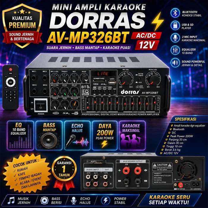 Power Amplifier Bluetooth DORRAS AV-MP326BT Karaoke Stereo MP3 Bluetooth Karaoke FM Radio TF Card