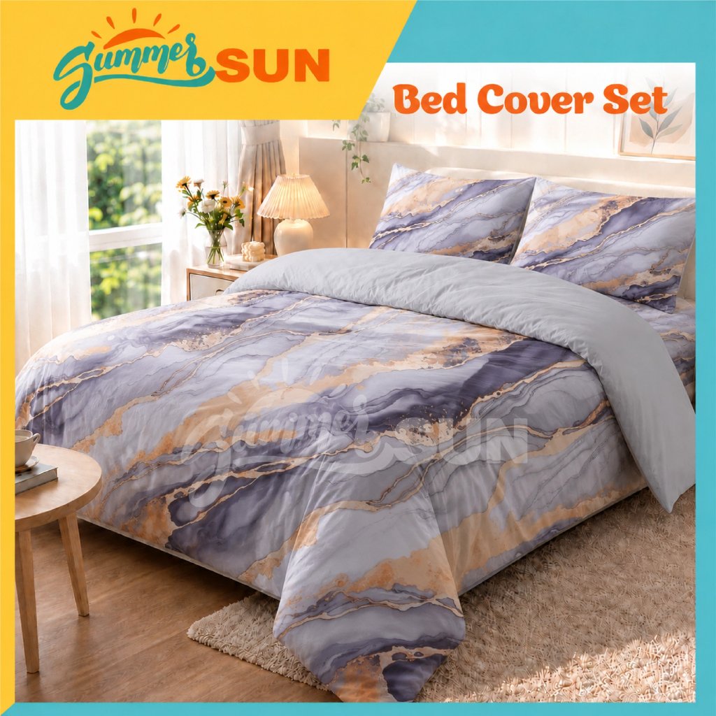 Bed Cover Set Kazuya Marble Mix Plain Silver - Summersun09