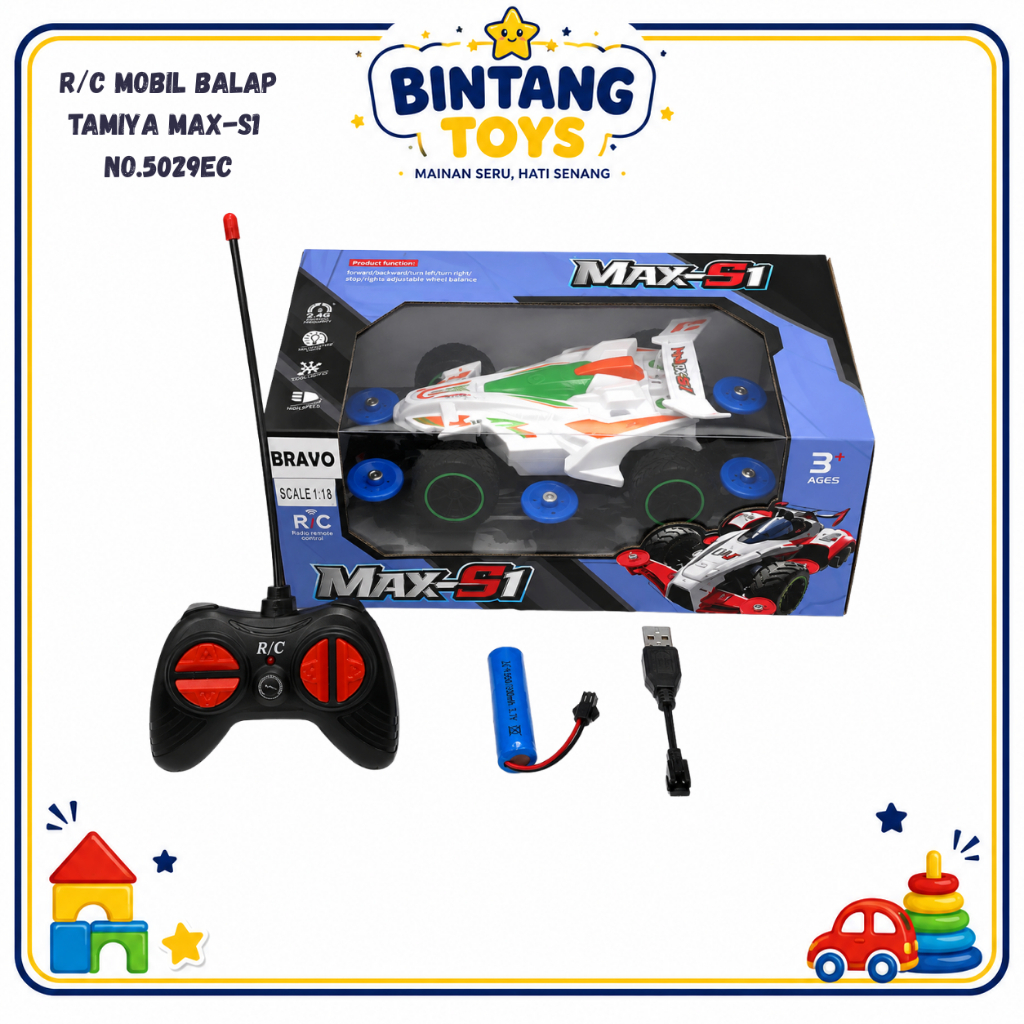 BT- R/C Mainan Mobil Balap TAMIYA MAX-S1 R/C Remote Control 1:18 dengan Lampu dan Roda Stunt