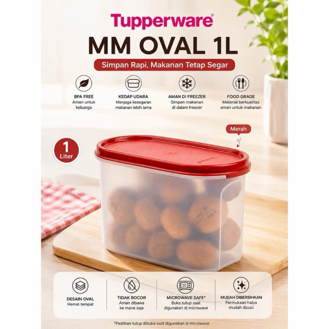 tupperware mm oval 1L bening tutup biru / merah / toples