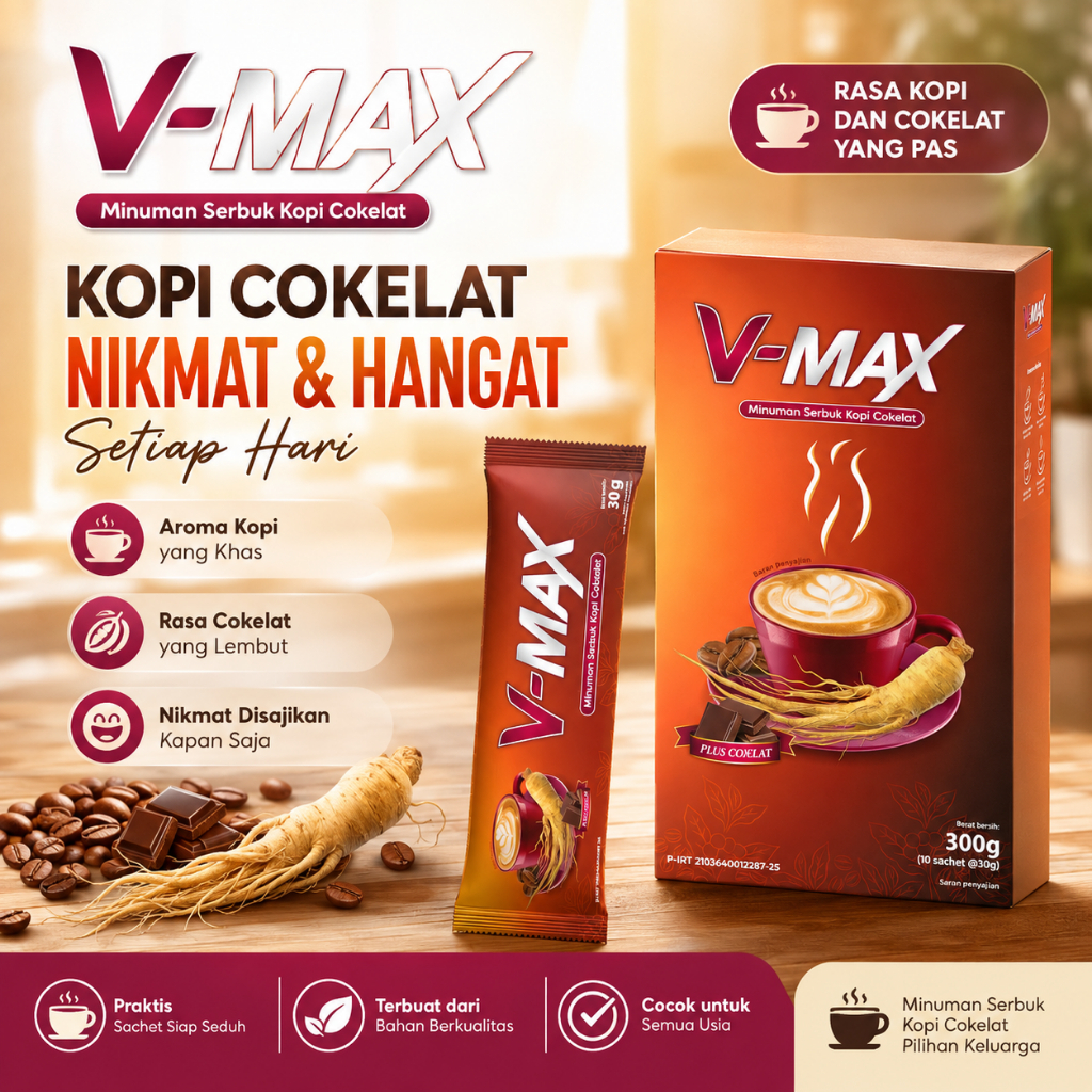 V-MAX Kopi Coklat 300g | Minuman Serbuk Kopi Rasa Coklat | 10 Sachet
