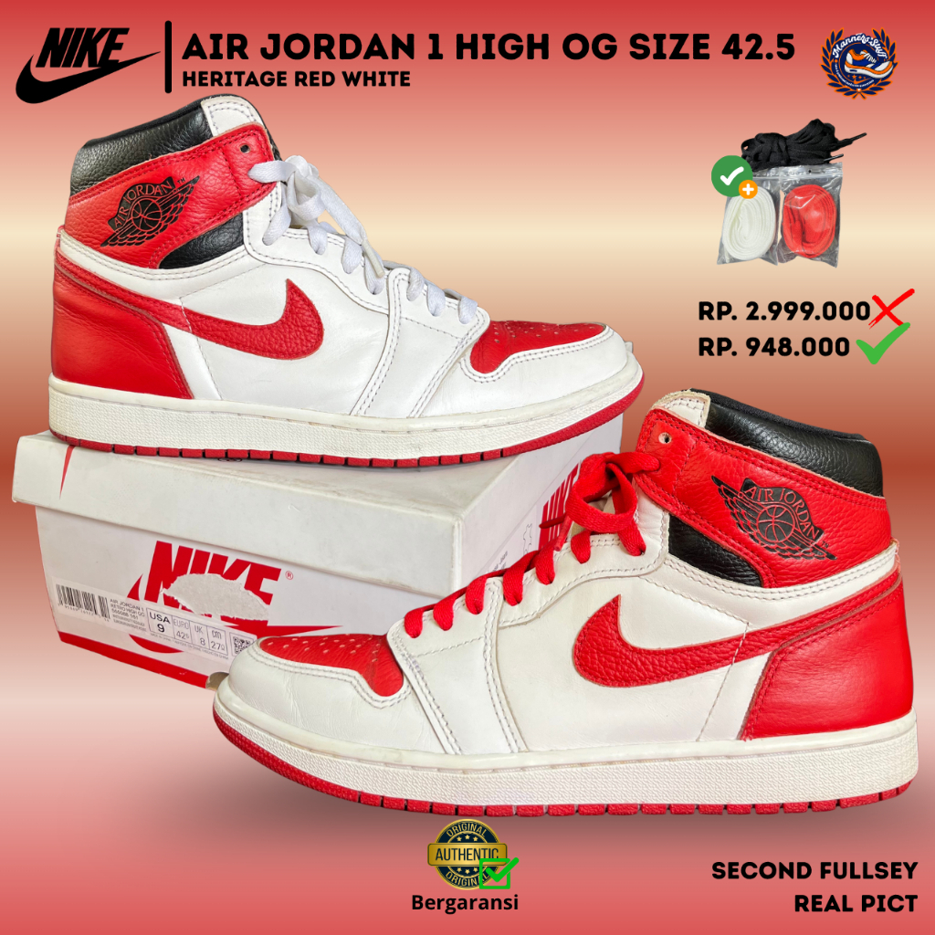 Sepatu Nike Air Jordan 1 High OG Heritage Red White Size 42.5 Second Fullset Original Sneakers