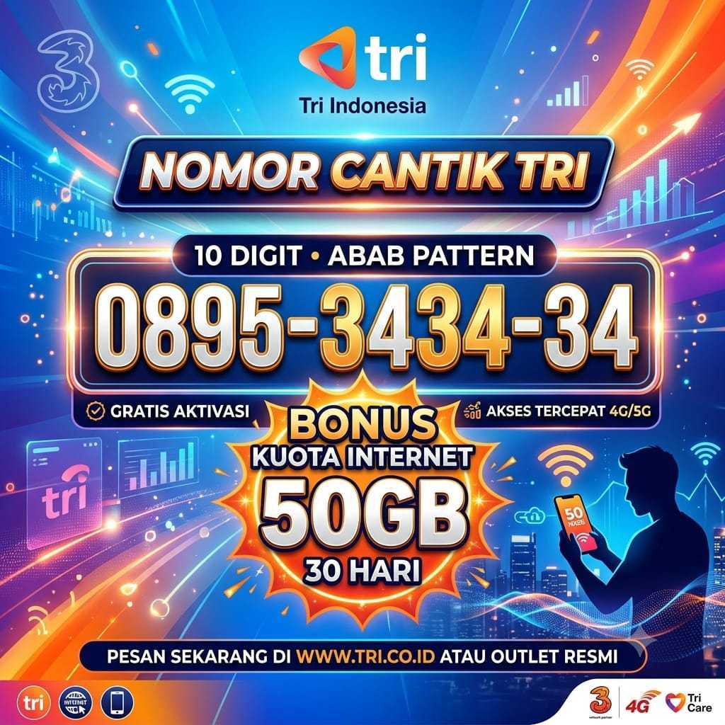 Kartu Perdana Tri Cantik - 10 Digit Three - Nocan Tri Kombinasi ABAB - Perdana Tri Kuota Internet 50