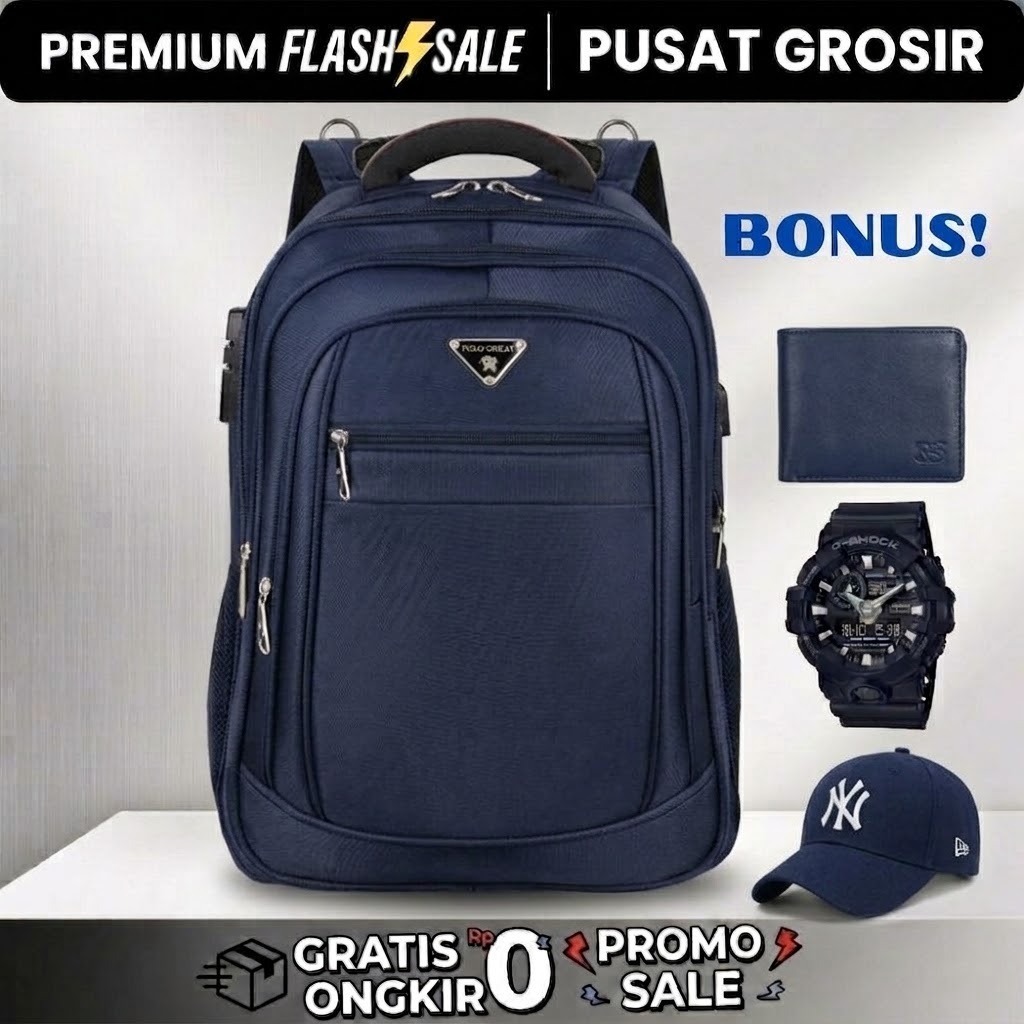 Tas Polo Great 20 Inc EXPANDABLE Tas Ransel Kerja Tas sekolah Kunci Usb POLO Import
