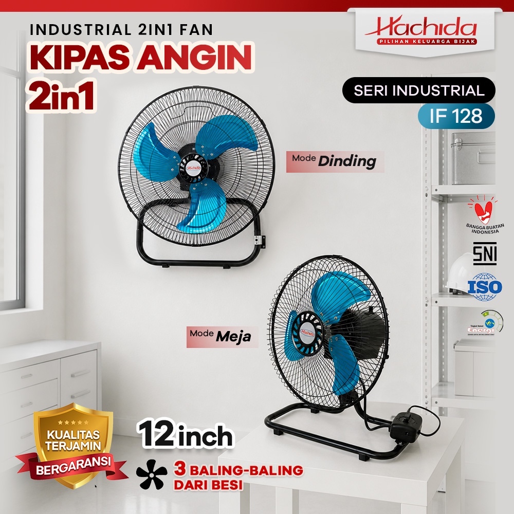 Kipas Angin 12inch HACHIDA IF128 industri wall desk fan 2in1 Garansi Resmi baling besi gantung tembo