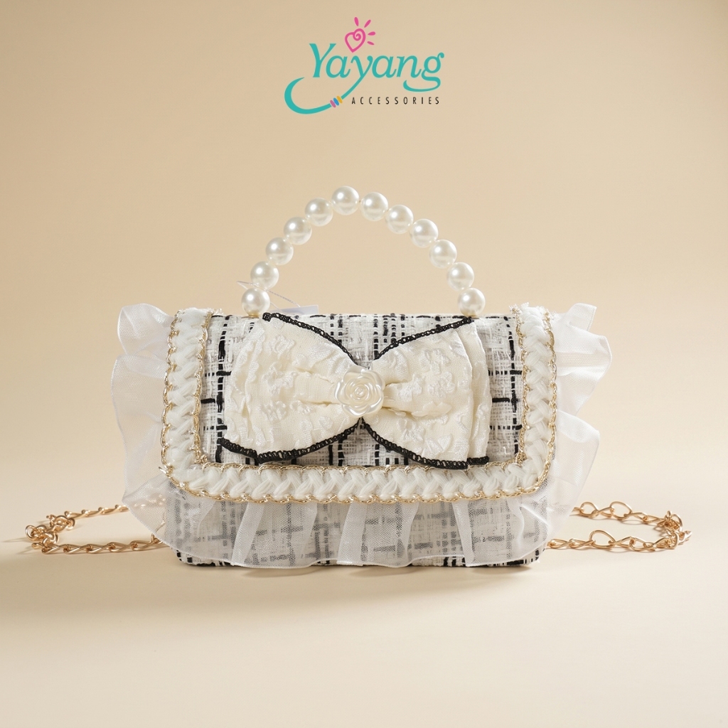 Yayang Tas Selempang Anak Perempuan Pita Mutiara Mini Sling Bag Tweed Korean Style Tas Pesta Anak Lu