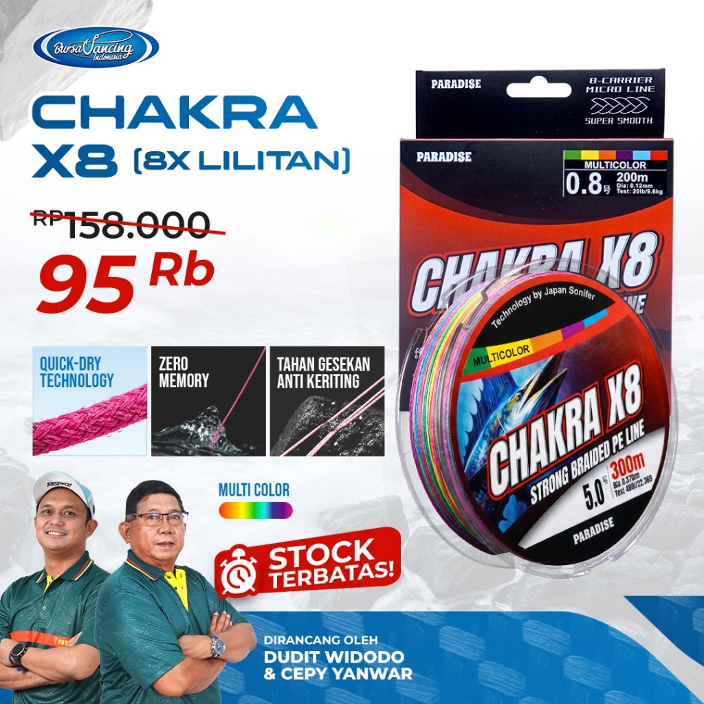 PE Chakra X8 300M Multi Color - Senar Pancing Kuat, Anti Kusut, Super Halus & Cepat Kering