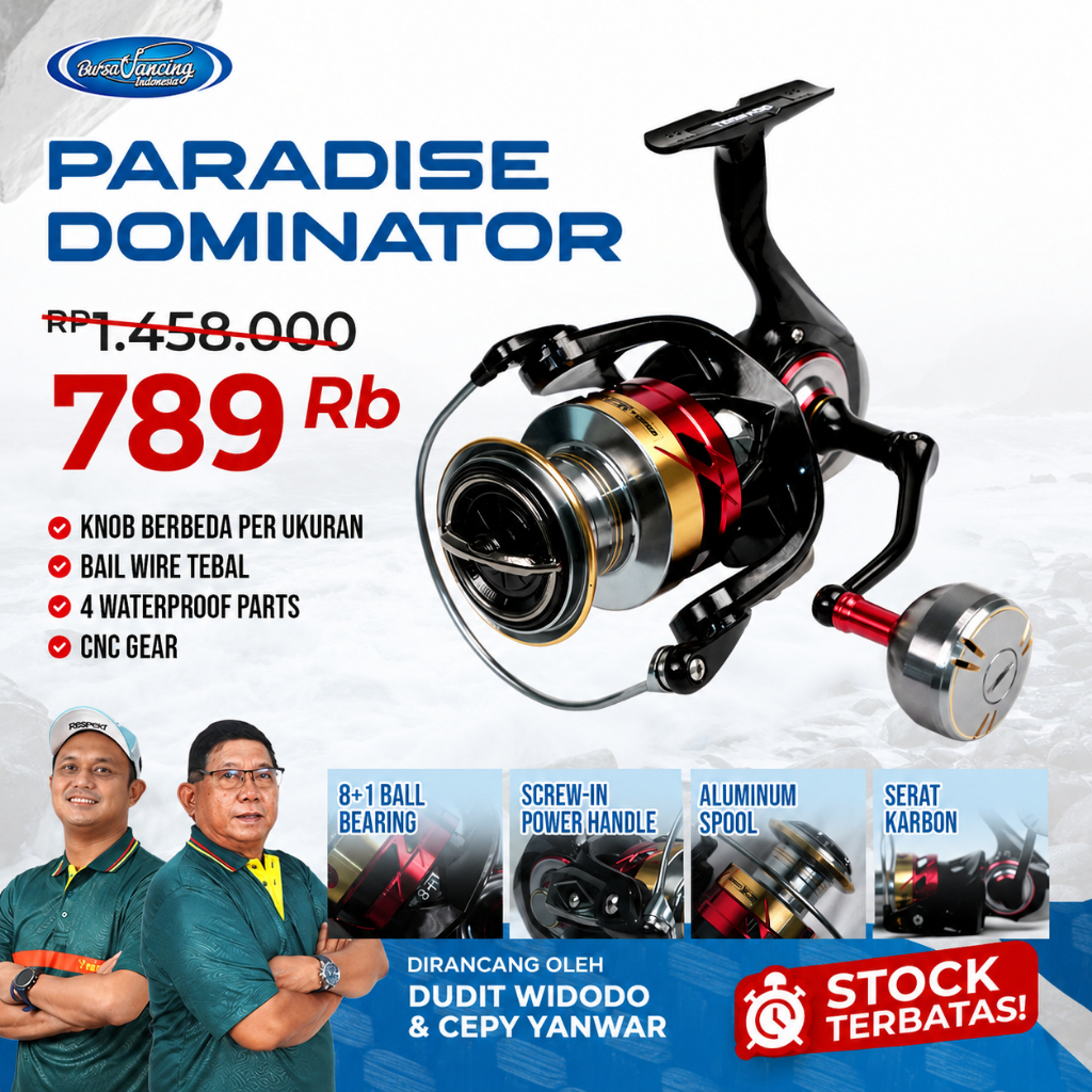 Reel Pancing Paradise Dominator 8+1 Ball Bearing | Knob Metal | Power Handle – Paradise Dominator Ge