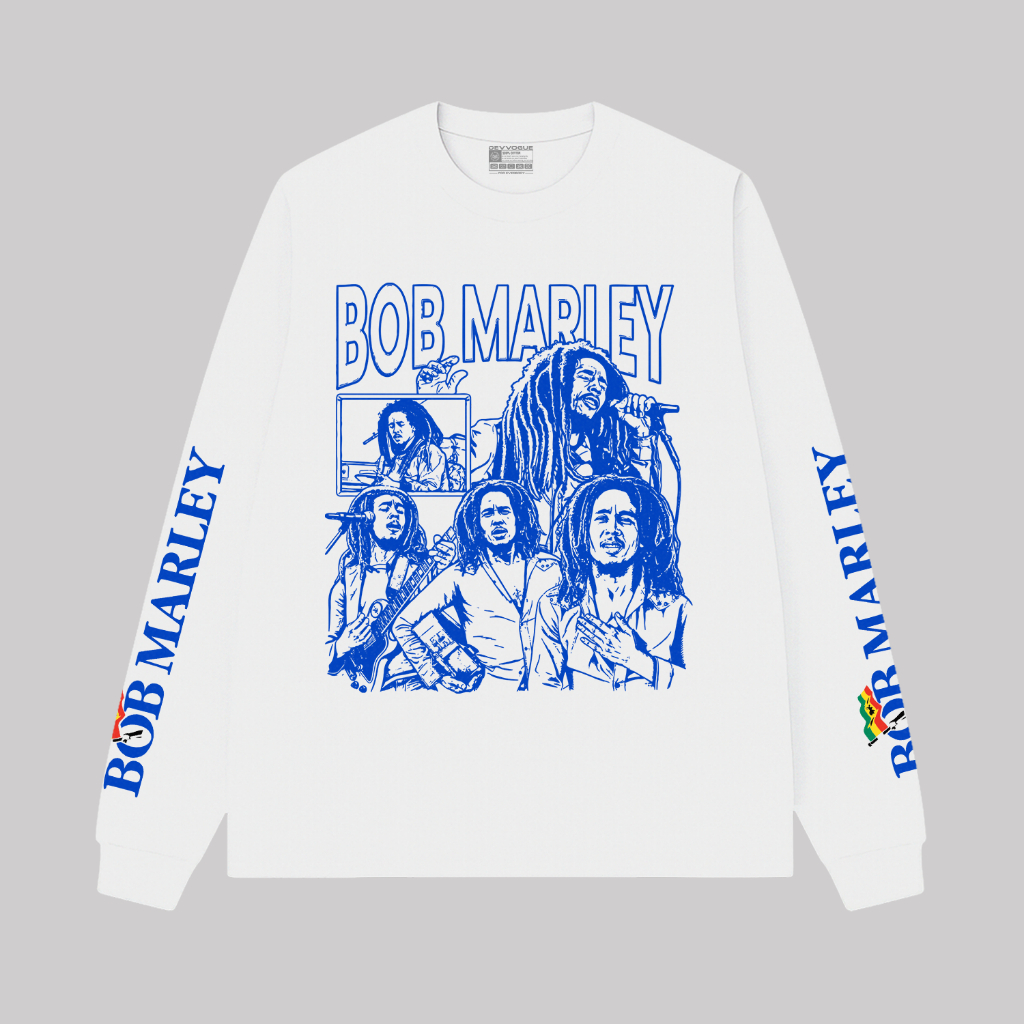 Dragon Clothing Kaos lengan panjang putih Bob Marley Blue unisex casual