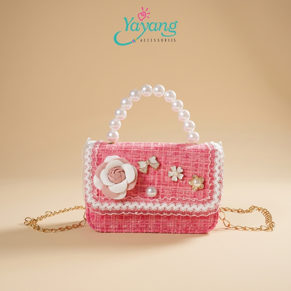 Yayang Tas Selempang Anak Perempuan Tweed Bunga Mutiara Mini Sling Bag Tas Pesta Korean Style Elegan