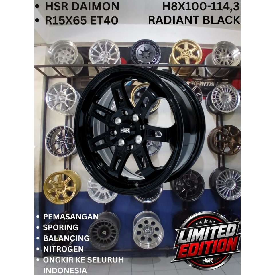 VELG MOBIL RING 15 HSR DAIMON RING 15 LEBAR 65 LOBANG BAUT 8 ET40 RADIANT BLACK