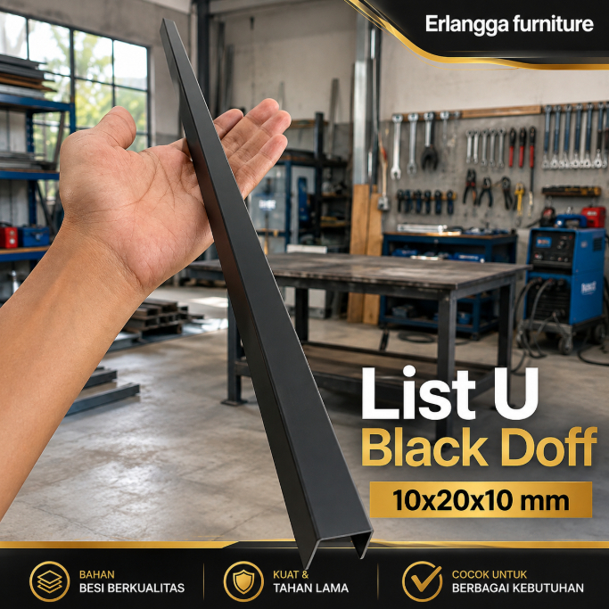 Plat Aluminium List U Black Doff 10x20x10 mm / Lis Edging Interior Dekorasi Dinding