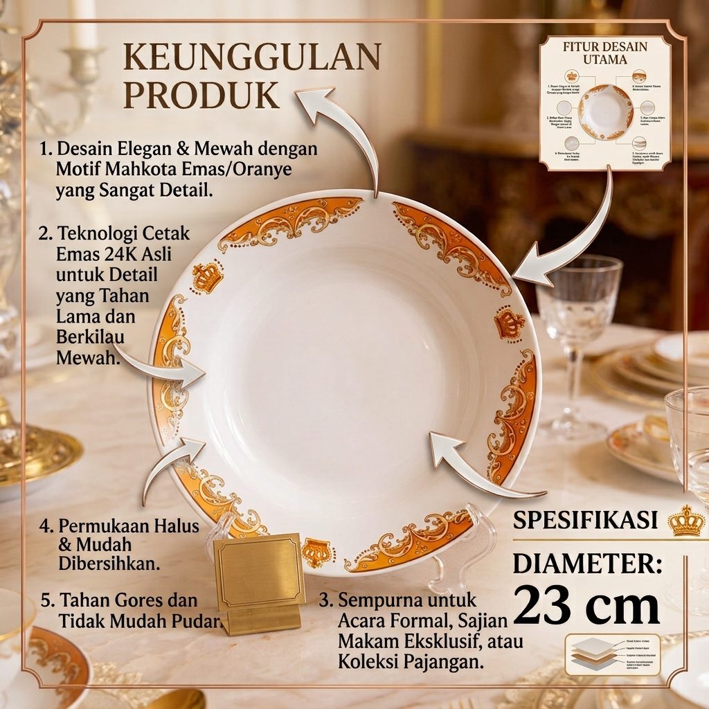 1 Lusin Piring Keramik Mahkota Coklat/ Piring Makan Keramik Ukuran 23 cm Dengan Tampilan  Yang Sanga