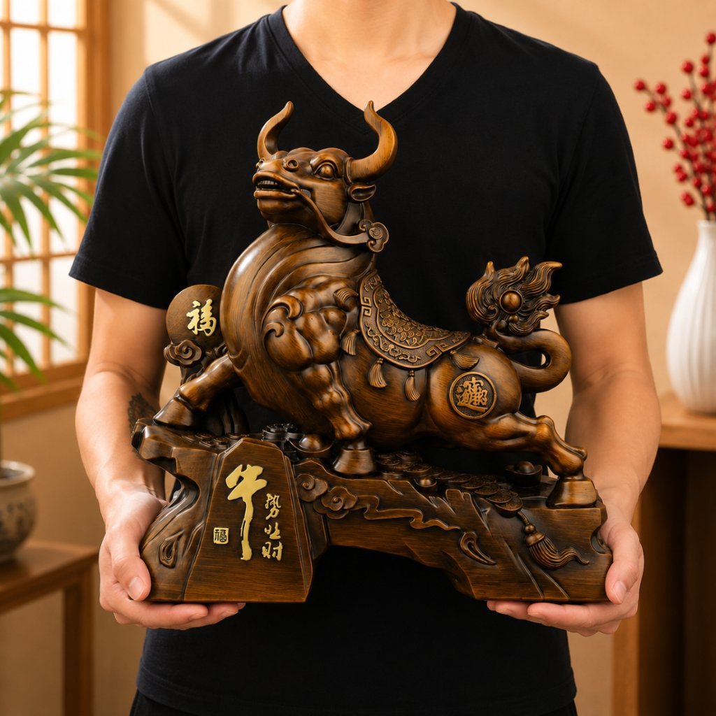 35 Patung Emas Shio Kerbau Emas Yuanbao Fengshui / Pajangan Shio Kerbau Kayu / Dekorasi Rumah Banten