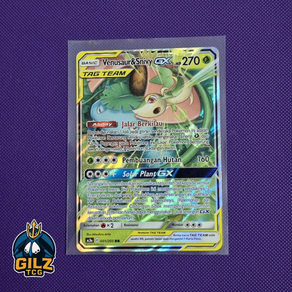 Kartu Pokemon Tag Team Venusaur & Snivy GX RR 001/205 Japan