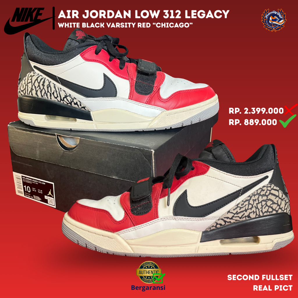 Sepatu Nike Air Jordan Low Legacy 312 Chicago White Black Varsity Red Size 44 Second Original Sneake