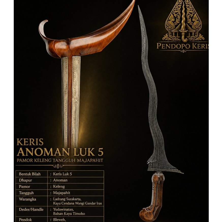 Keris Anoman Luk 5 Pamor Kelengan Tangguh Majapahit