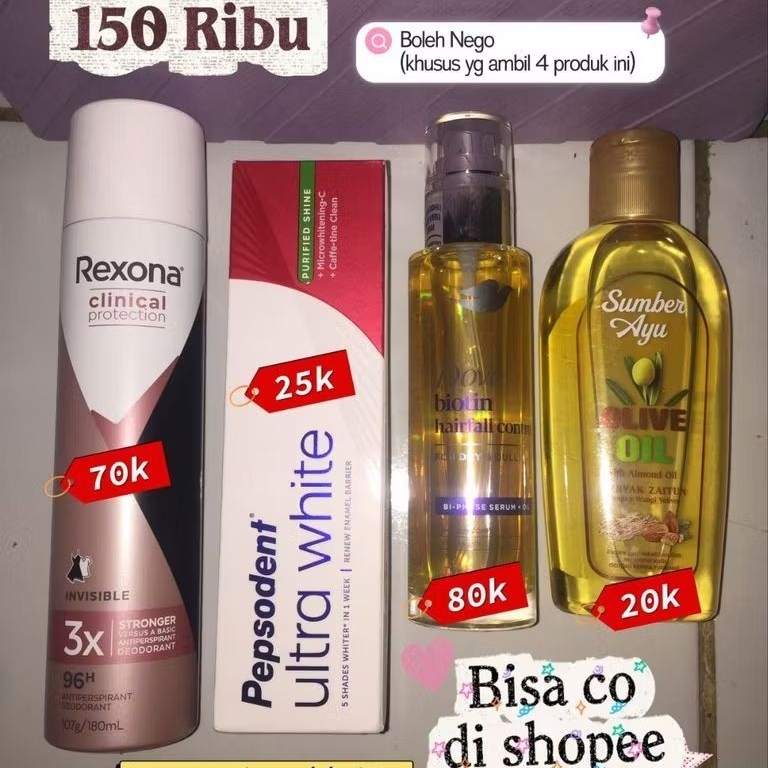 Dapet 4 Produk - Spray Rexona, Pepsodent, Serum & Minyak Zaitun
