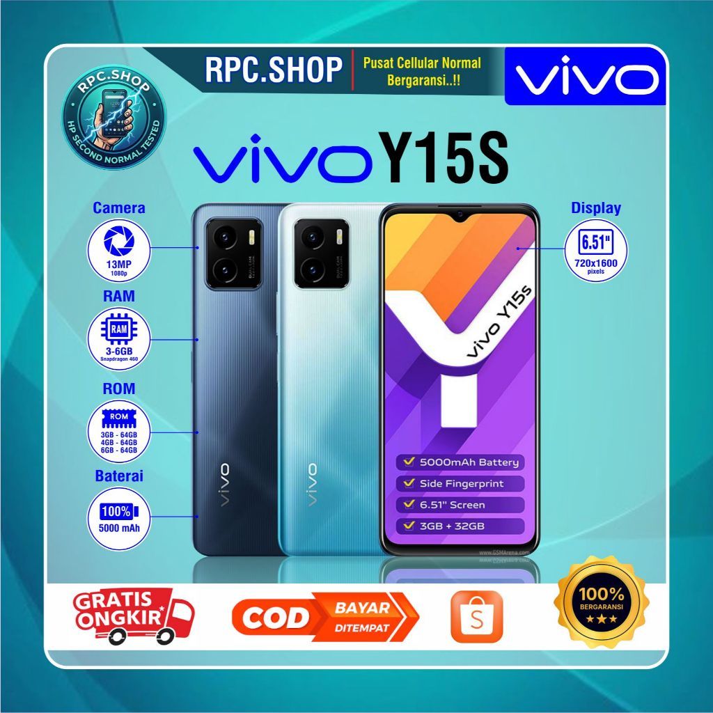 VIVO Y15S HP second normal tested siap pakai RAM 3/32GB RAM 4/64GB