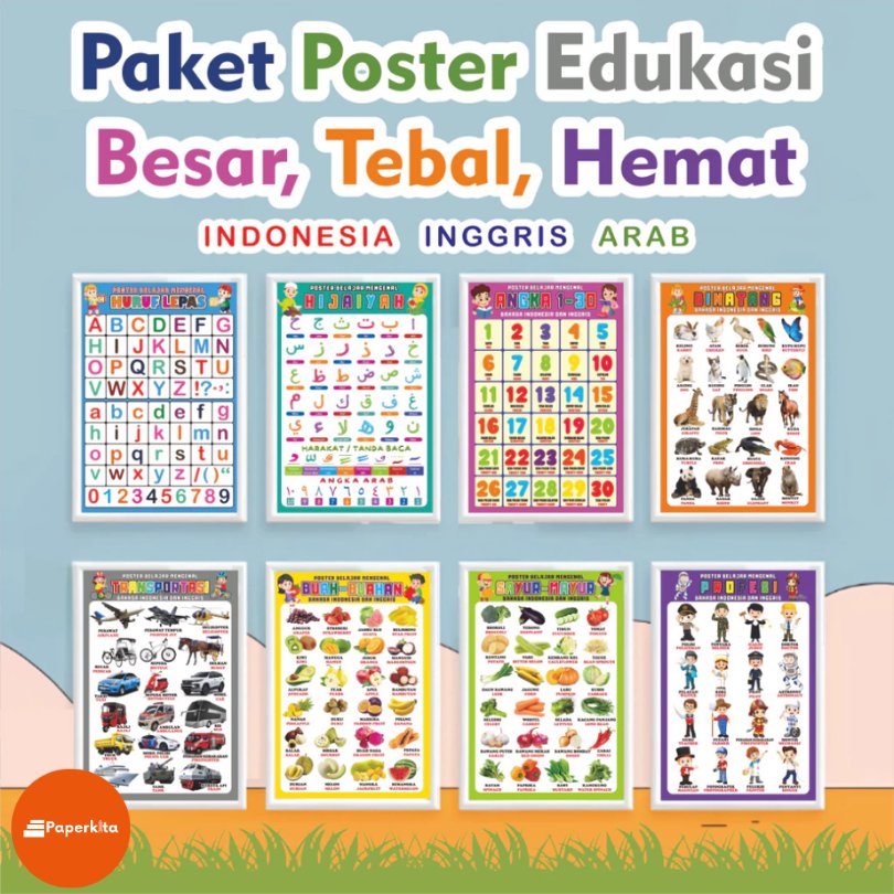 Poster Edukasi Anak Paud TK SD Paket Alfabet Angka Hijaiyah Buah Sayur Binatang Profesi Transportasi