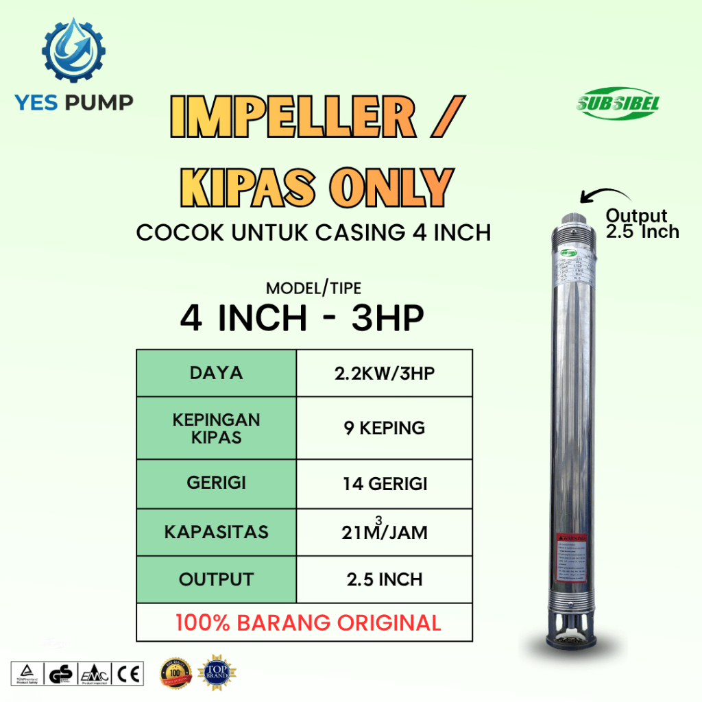 Kipas / Impeller Pompa Air Submersible 4 Inch 21/9 3HP | Output 2.5 Inch | 21M³/Jam