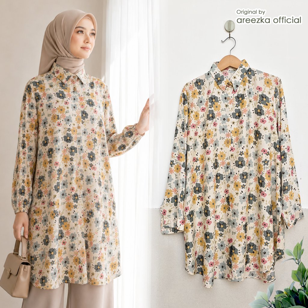 WHIENA Tunik Motif Bunga Bunga Abstrak Anggun Cantik Stylish Model Kancing Berkerah Syari