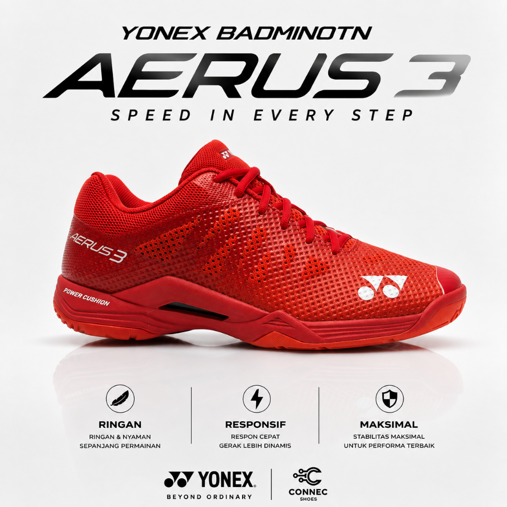 Sepatu Badminton Yonex Aerus 3 Power Cushion warna merah ringan responsif