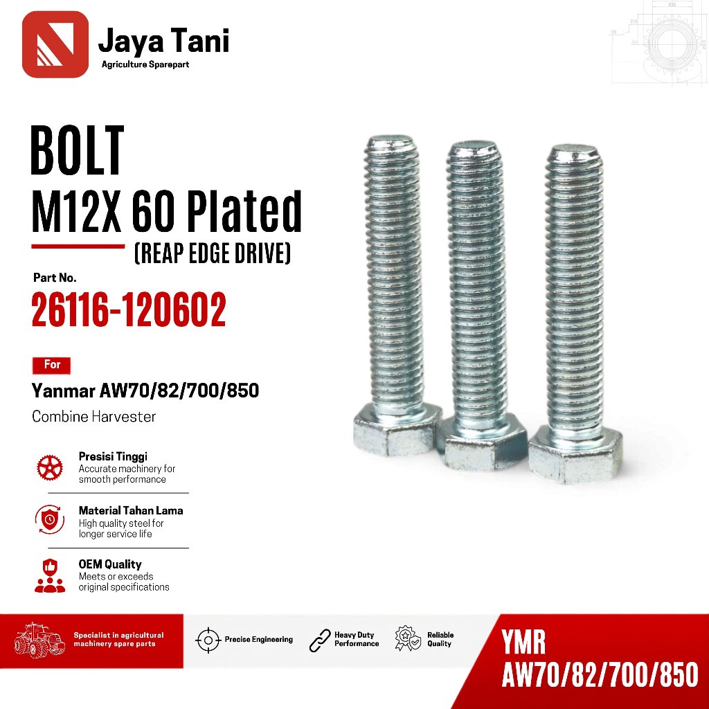BOLT M12X60 PLATED 26116-120602 BAUT TENSIONER REAP EDGE DRIVE YANMAR AW70V AW82V