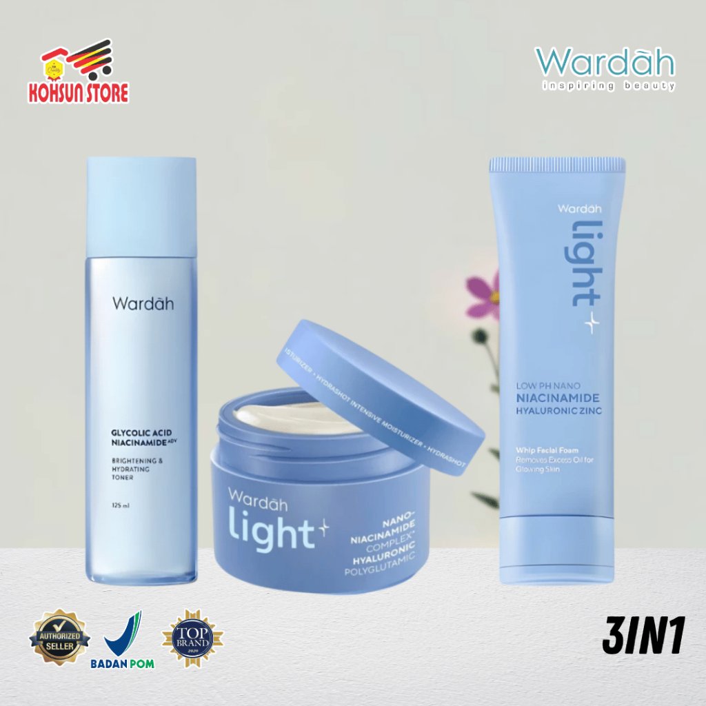 Wardah Paket 3in1 Lightplus Low pH Nano Niacinamide Whip Face Wash, Hydrashot Intensive, Glowshot Da
