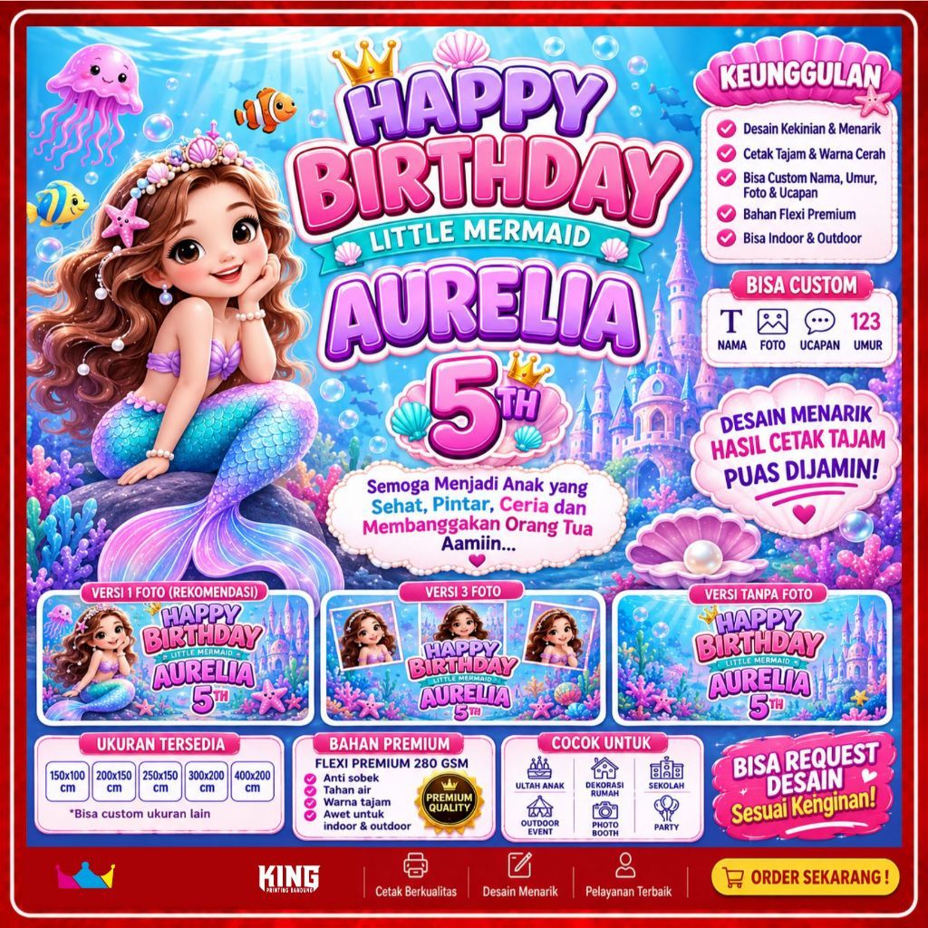 Spanduk Ulang Tahun Tema Mermaid, laut pastel Banner Ulang Tahun Custom