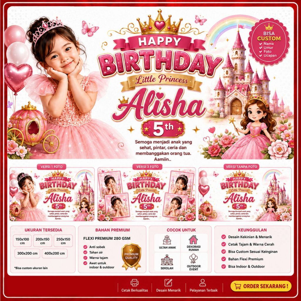Spanduk Ulang Tahun Tema Little Princess Anak Perempuan Banner Ulang Tahun Custom