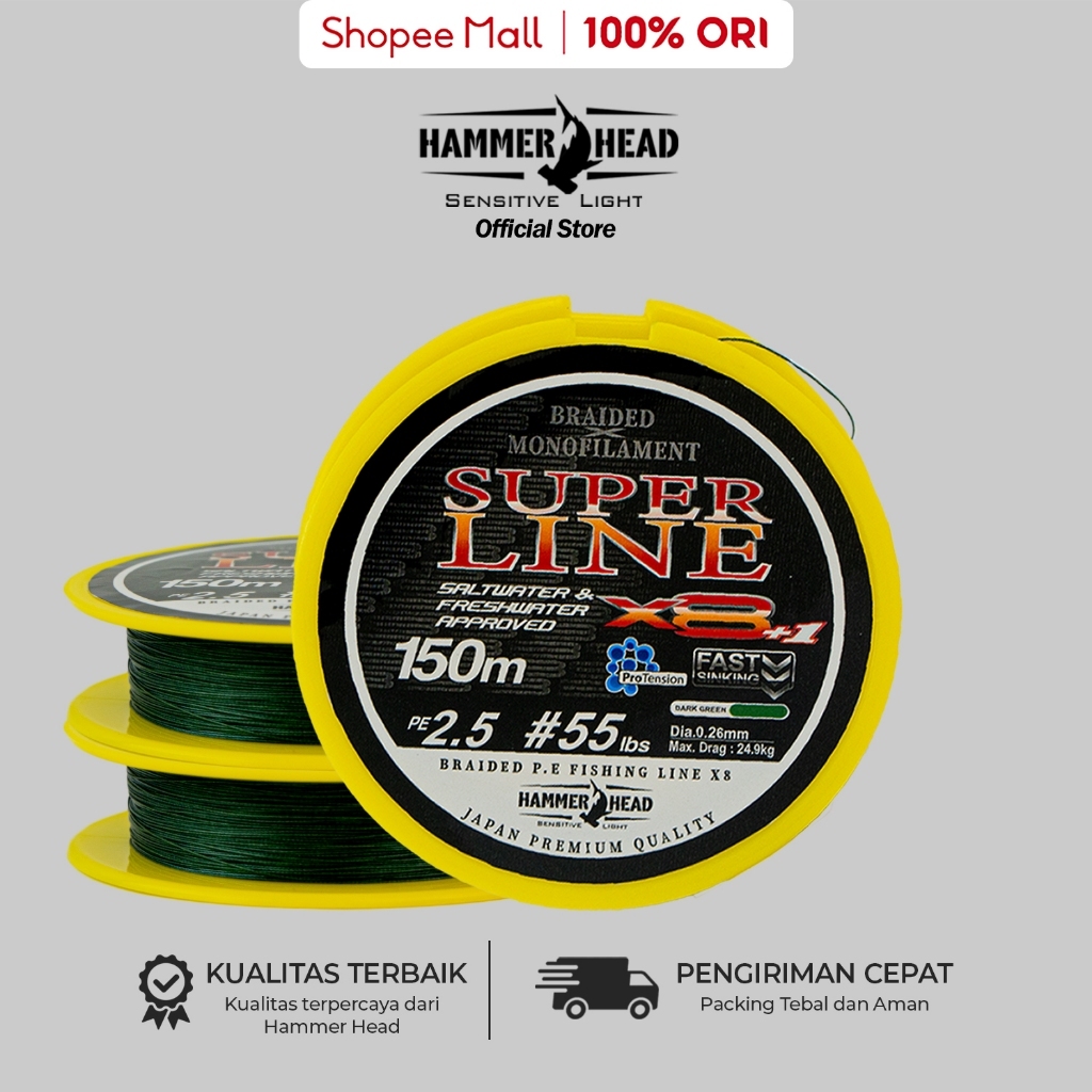 HAMMER HEAD SUPER LINE Senar Pancing PE 150meter X8+1 PRO Braide Tesnsion Dark Green Solid Core - Ze