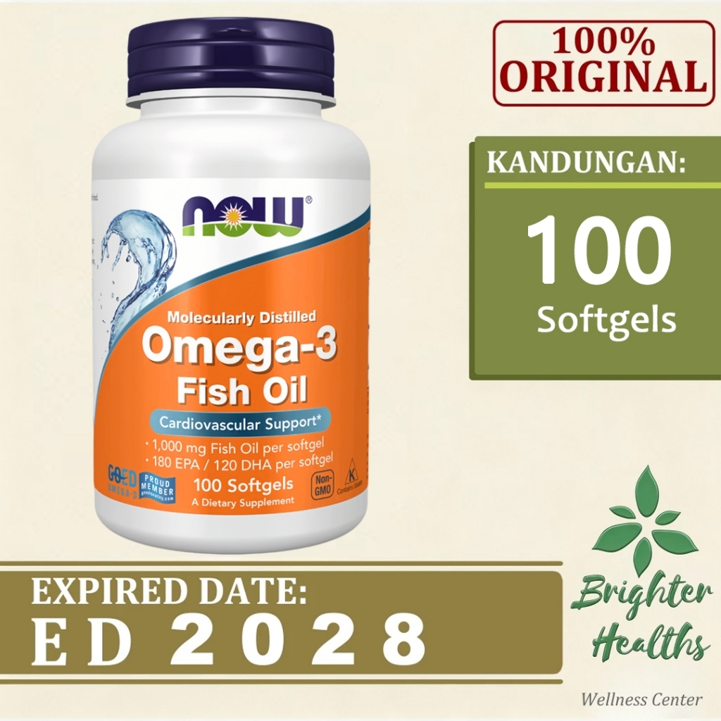 Now Foods Omega 3 Fish Oil 1000mg 100 Kapsul Lunak Suplemen Makanan Original Amerika