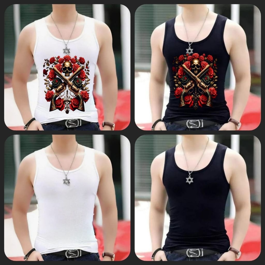 Kaos singlet pria motif tengkorak bunga mawar pistol silang warna putih hitam