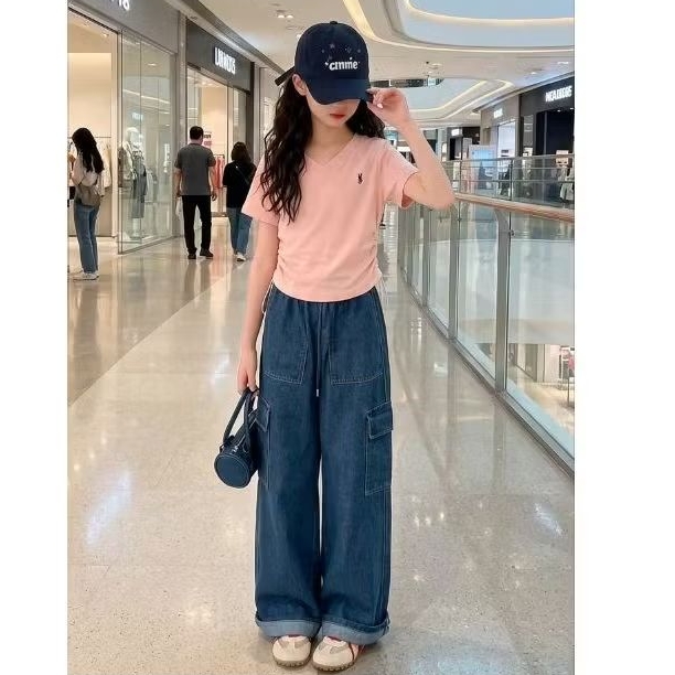 Diansister_Setelan Jeans Cargo Kaos Pink Ysl (8-15th)